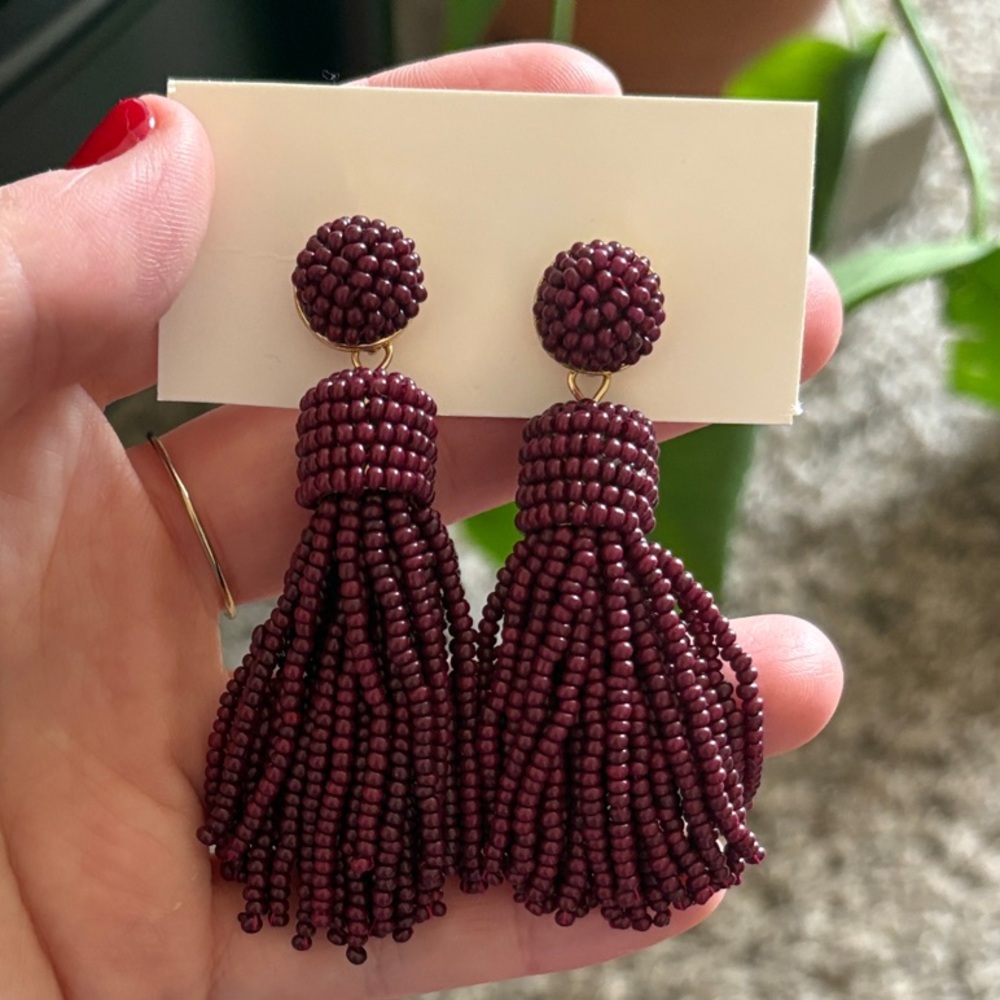 Elegant Burgundy Beaded Tassel Earrings